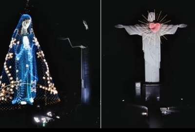 En Brasil, un show de drones uni&oacute; en el cielo de R&iacute;o al Cristo Redentor y la Virgen Aparecida.