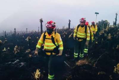 El Cuerpo de Bomberos Quito es parte del equipo que mitiga el incendio.