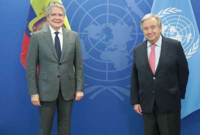 El presidente Guillermo Lasso (izq.) sostuvo una reuni&oacute;n con Ant&oacute;nio Guterres, secretario general de las Naciones Unidas.