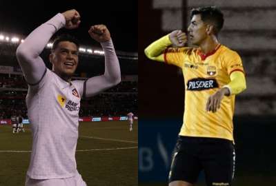Paco Rodr&iacute;guez (izq.) y Michael Hoyos celebran goles en la LigaPro