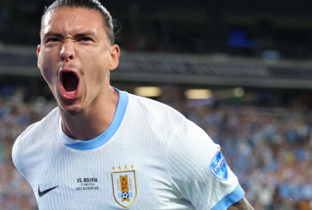 Darwin Núñez celebra el segundo gol uruguayo, en el partido disputado en Nueva Jersey.