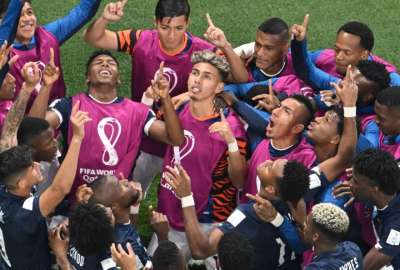 Los jugadores de Ecuador festejan el gol de &Eacute;nner Valencia contra Pa&iacute;ses Bajos. 