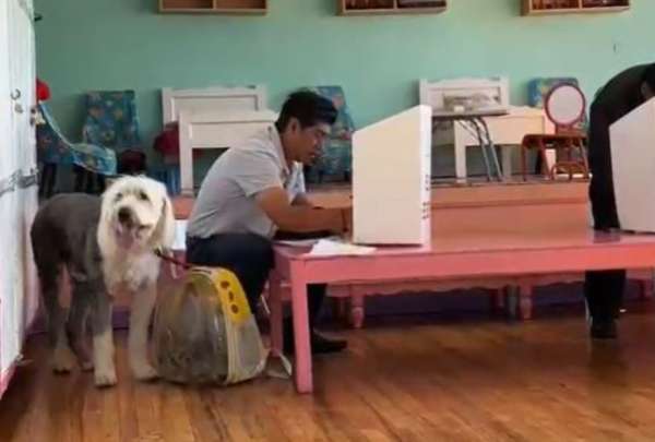 Jorge Yunda lleg&oacute; a sufragar antes de la hora prevista, acompa&ntilde;ado &uacute;nicamente por su perro y su gato. 