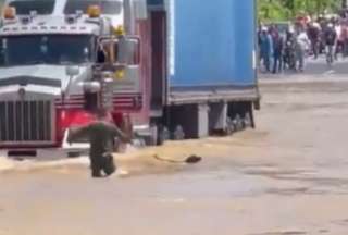 Militar salva a un perro de ser atropellado por un tr&aacute;iler