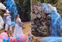 Ti&ntilde;en de azul el agua de una cascada en revelaci&oacute;n del sexo de un beb&eacute;